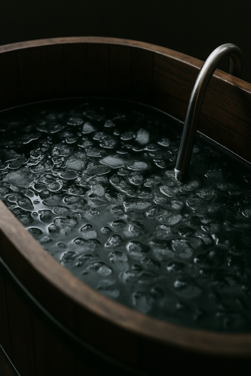 Dark bathtub filled with water and bubbles, with a faucet.