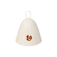 White bell-shaped sauna hat with a brown Sign Off Sauna House logo