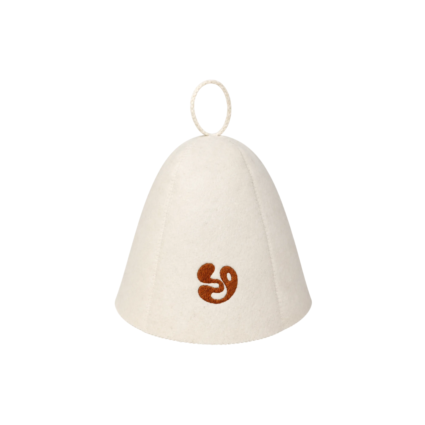 White bell-shaped sauna hat with a brown Sign Off Sauna House logo