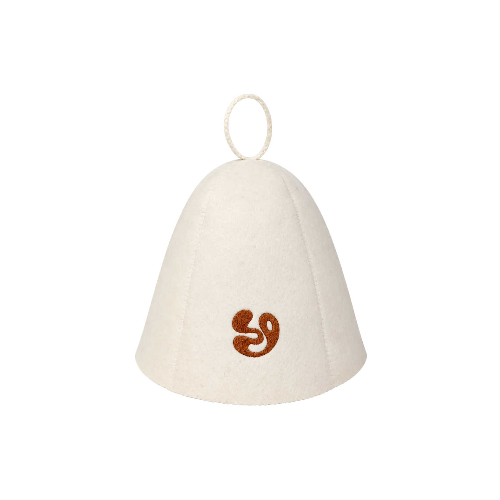 White bell-shaped sauna hat with a brown Sign Off Sauna House logo