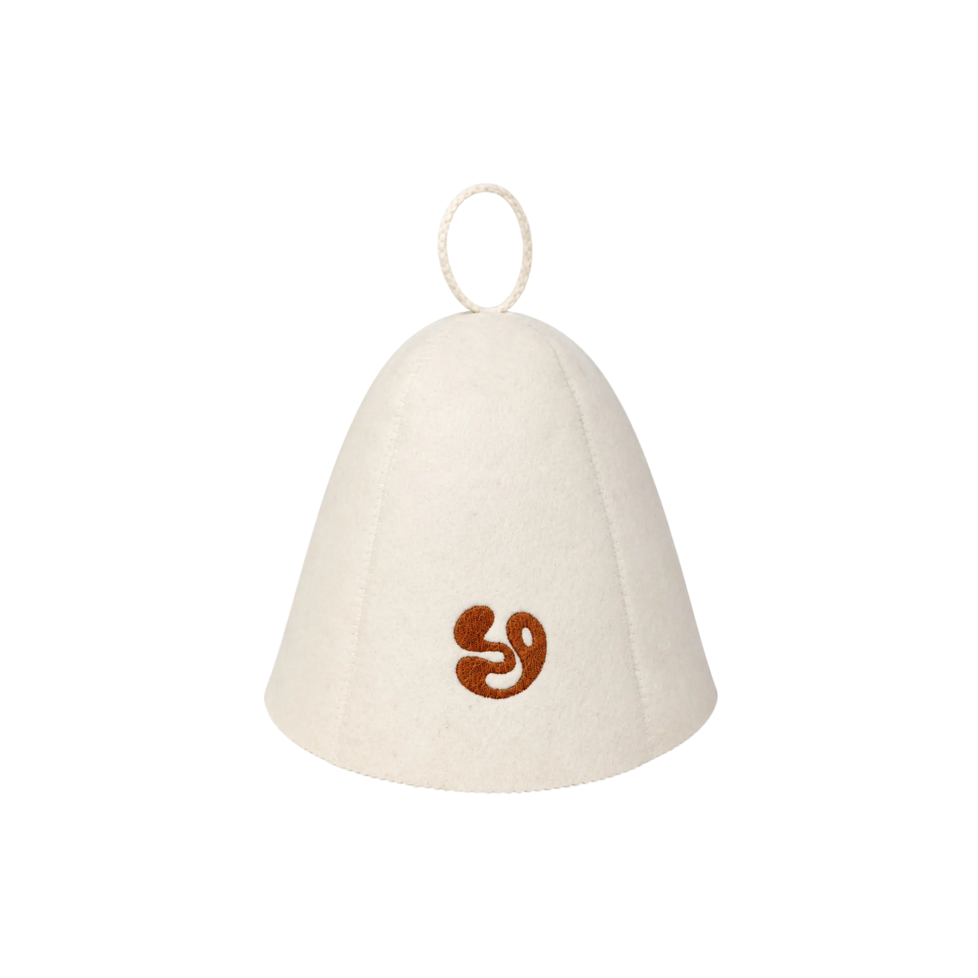 White bell-shaped sauna hat with a brown Sign Off Sauna House logo