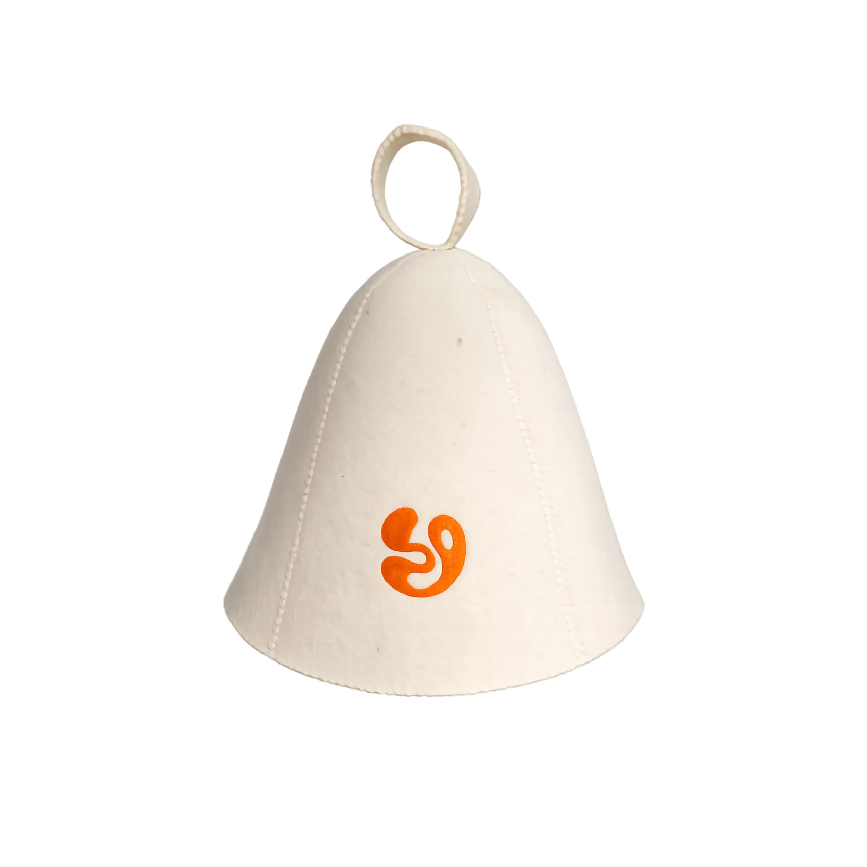 White bell-shaped sauna hat with a orange Sign Off Sauna House logo