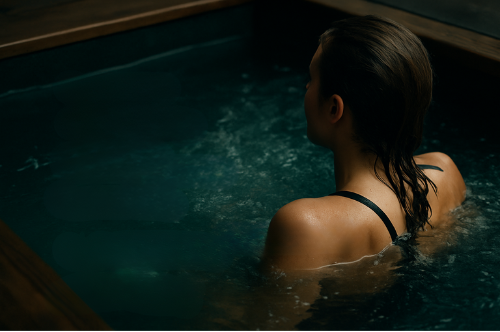 Person sitting in a pool with a dark background